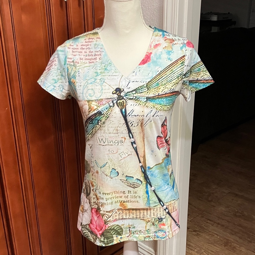Colorful Graphic V-Neck multicolor Women Top Size:M